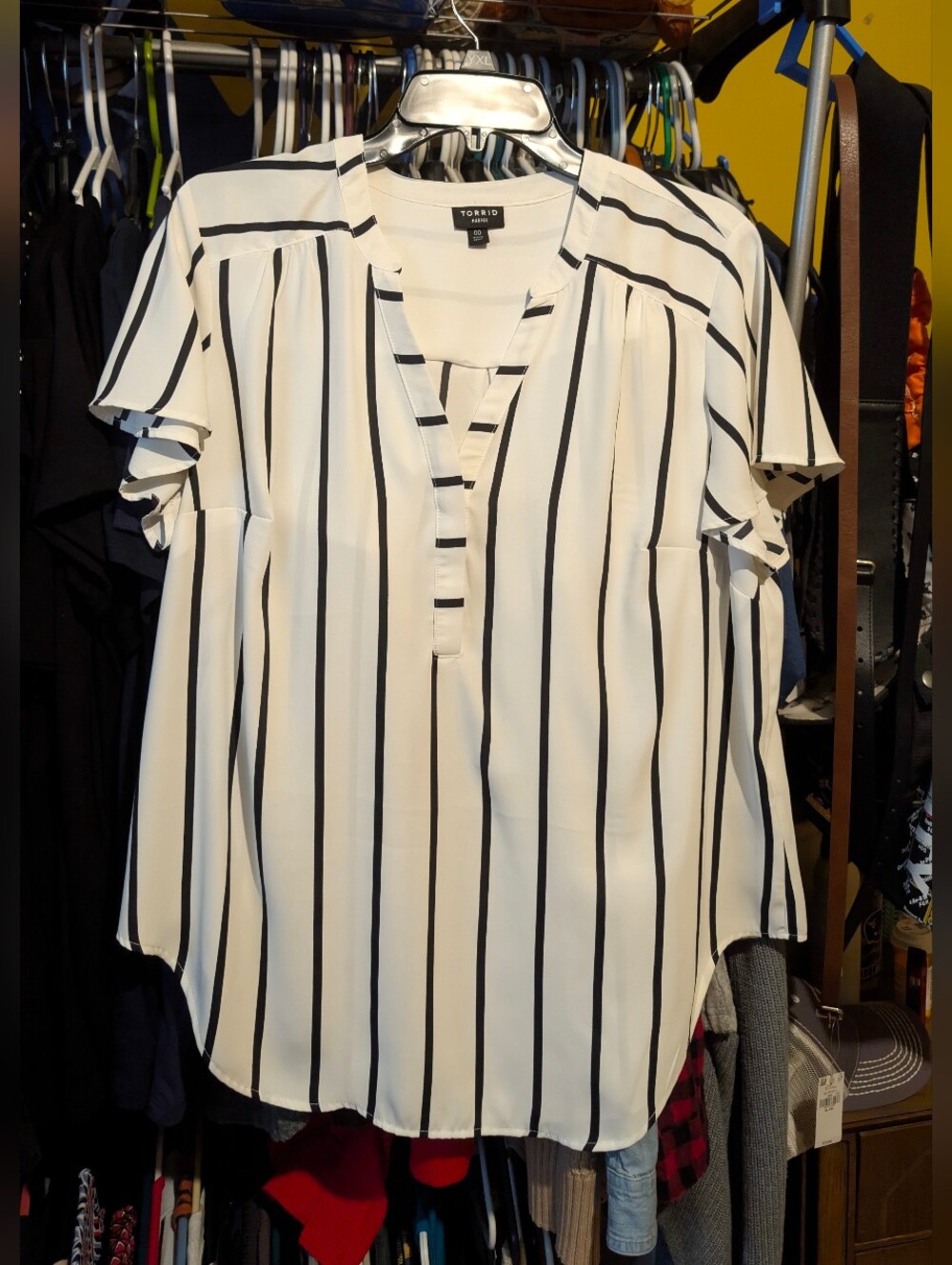 torrid White and Black Vertical Stripe V-Neck Flutter Sleeve Blouse